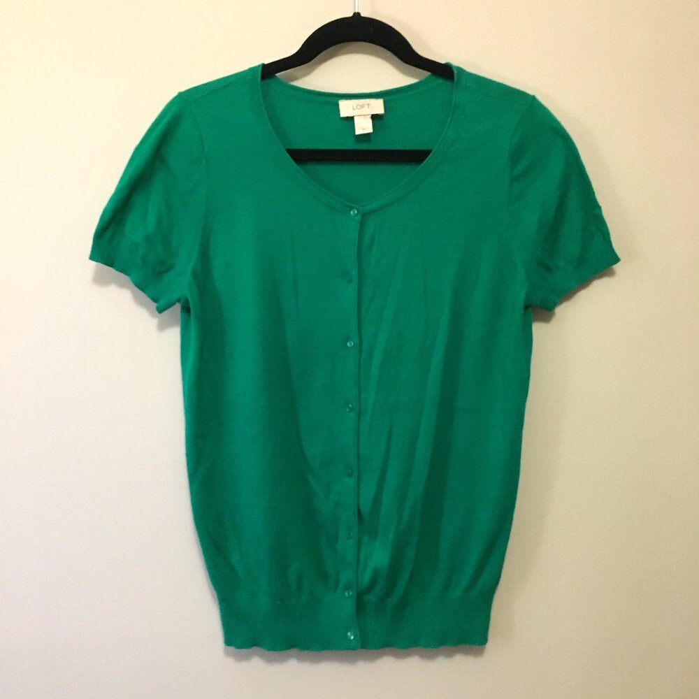 Vintage LOFT Kelly Green Lucky Irish Short Sleeve Button Up Cardigan Medium